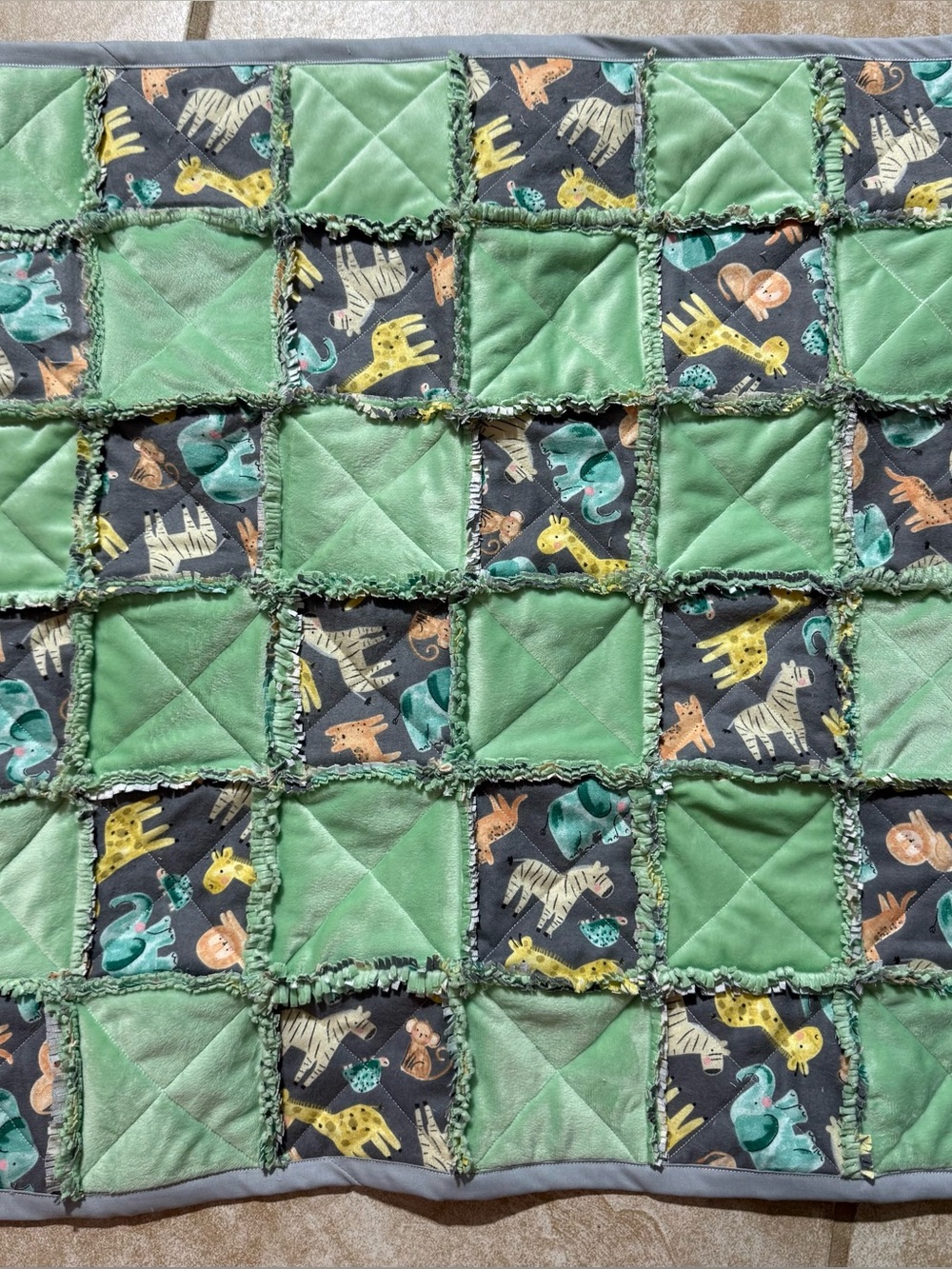 Handmade Green/Gray Safari Patchwork Baby Rag Quilt